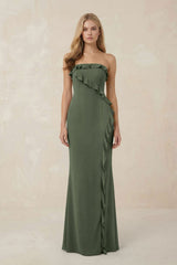 Strapless Ruffled Sheath Bridesmaid Dress in Thyme - KISS BRIDAL Bridesmaid Dresses