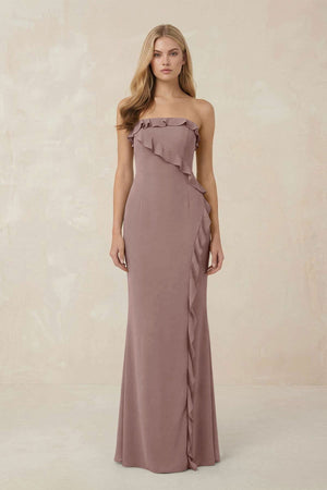Strapless Ruffled Sheath Bridesmaid Dress in Toffee - KISS BRIDAL Bridesmaid Dresses