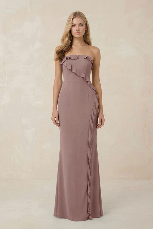 Strapless Ruffled Sheath Bridesmaid Dress in Toffee - KISS BRIDAL Bridesmaid Dresses