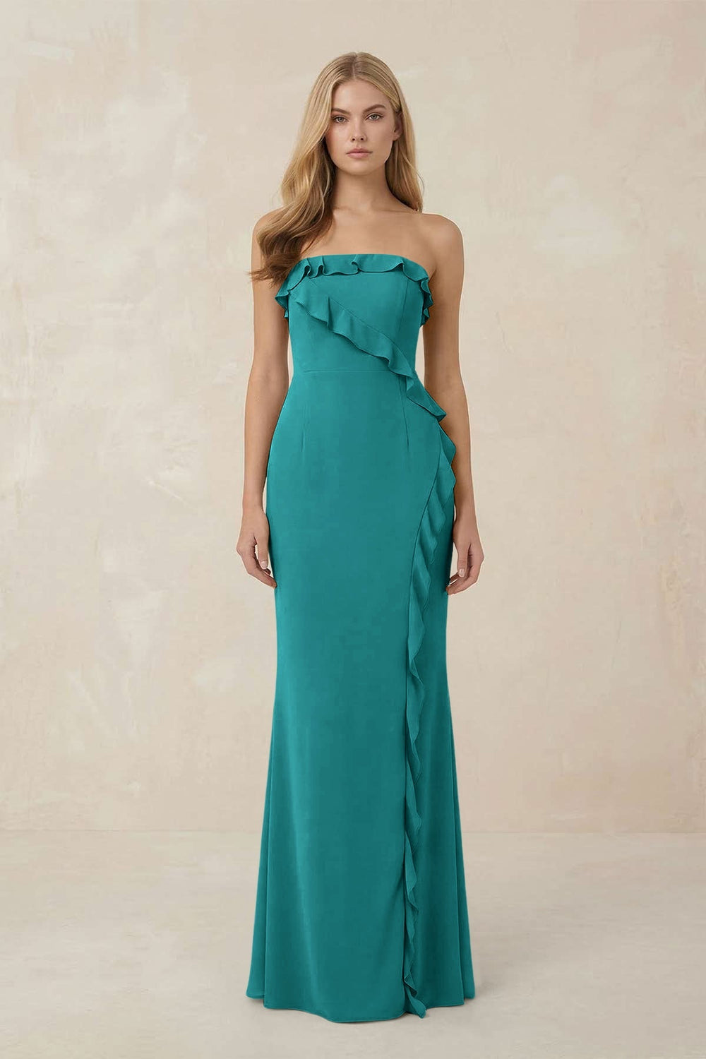 Strapless Ruffled Sheath Bridesmaid Dress in Turquoise - KISS BRIDAL Bridesmaid Dresses