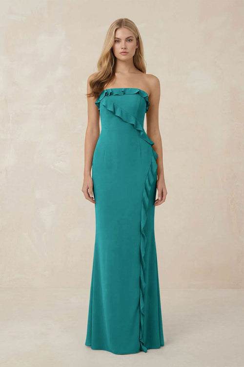 Strapless Ruffled Sheath Bridesmaid Dress in Turquoise - KISS BRIDAL Bridesmaid Dresses
