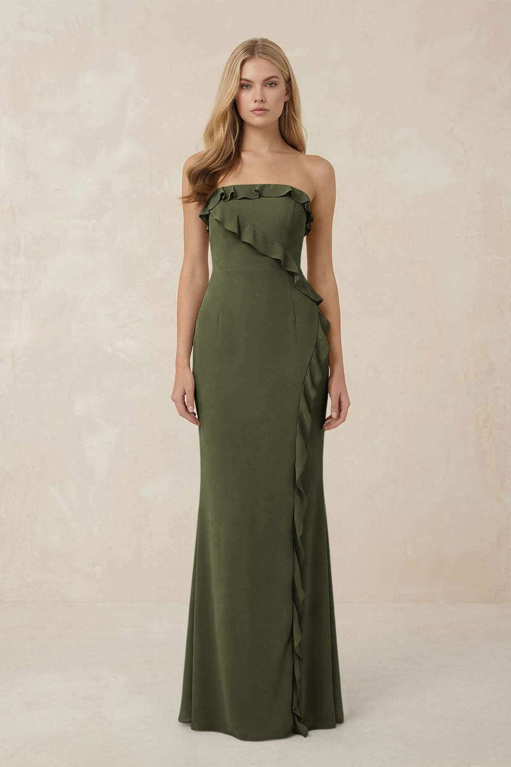 Strapless Ruffled Sheath Bridesmaid Dress in Willow Green - KISS BRIDAL Bridesmaid Dresses