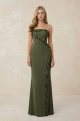 Strapless Ruffled Sheath Bridesmaid Dress in Willow Green - KISS BRIDAL Bridesmaid Dresses