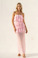 Strapless Ruffled Sheath Maxi Dress in Pink - KISS BRIDAL PROM DRESSES