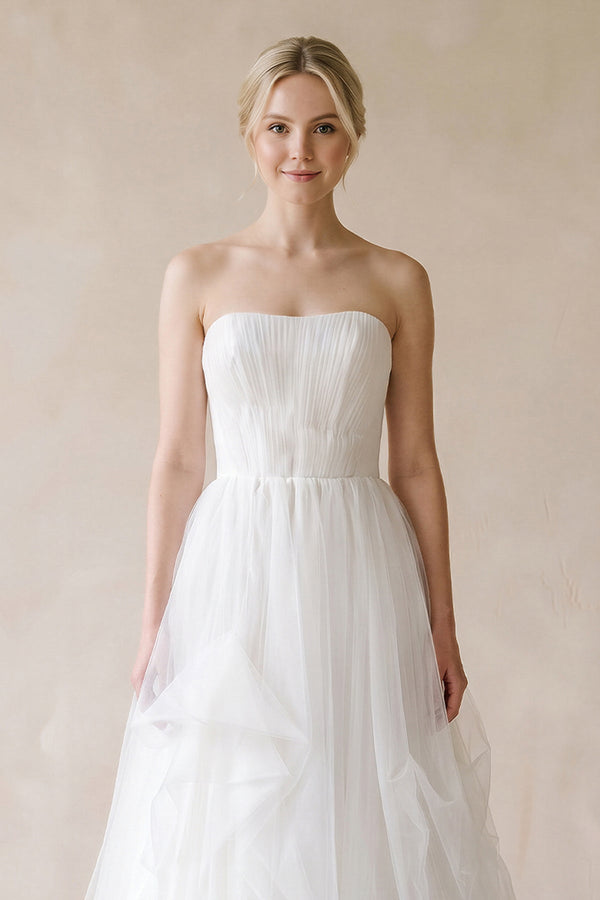 Strapless Ruffled Tulle A - Line Pleated Wedding Dress in Ivory - SHE IS ME Wedding Dresses