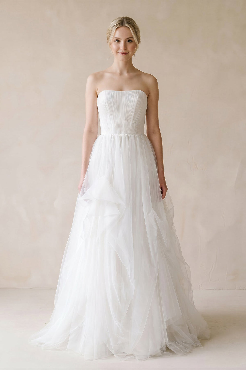 Strapless Ruffled Tulle A - Line Pleated Wedding Dress in Ivory - KISS BRIDAL Wedding Dresses