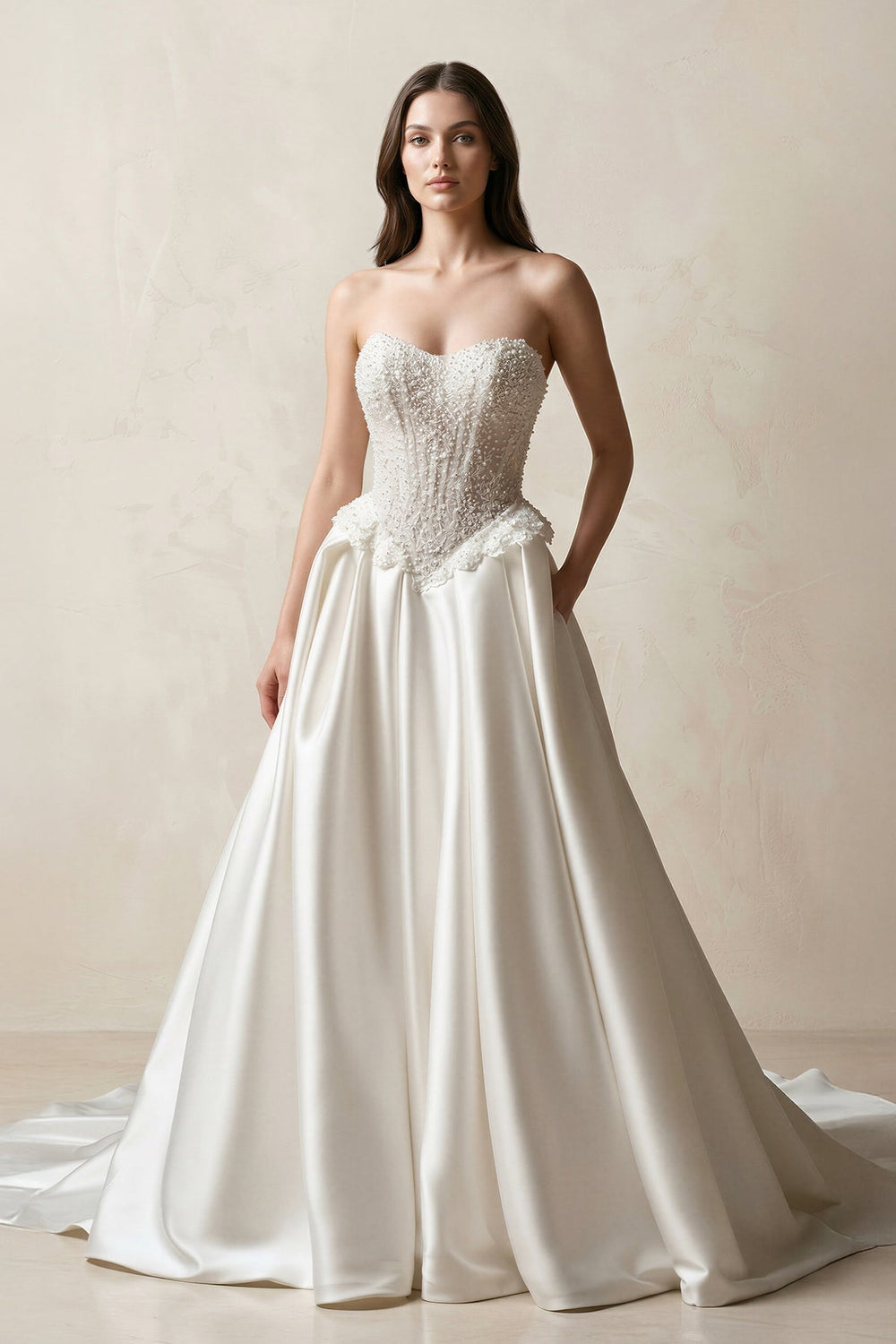 Strapless Satin A - Line Corset Beaded Wedding Dress in White - KISS BRIDAL Wedding Dresses