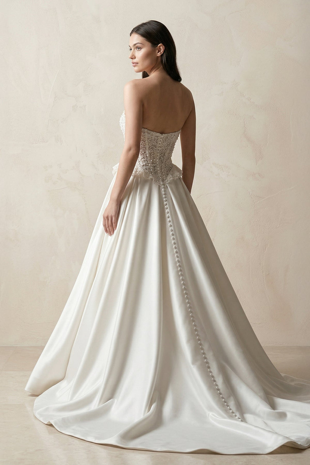 Strapless Satin A - Line Corset Beaded Wedding Dress in White - KISS BRIDAL Wedding Dresses