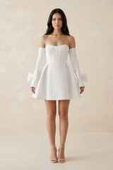 Strapless Satin A - Line Mini Wedding Dress With Sleeves in White - KISS BRIDAL Wedding Dresses