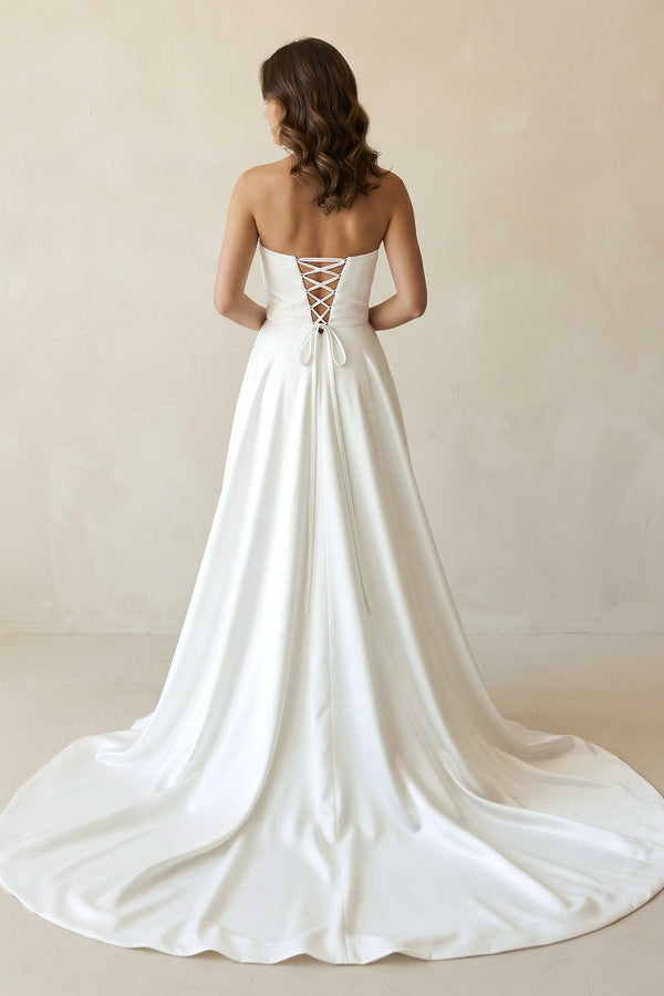 Strapless Satin A - Line Ruched Wedding Dress With Slit in White - SHE IS ME Wedding Dresses