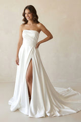 Strapless Satin A - Line Ruched Wedding Dress With Slit in White - KISS BRIDAL Wedding Dresses