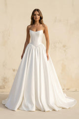 Strapless Satin A Line Wedding Dress in White - KISS BRIDAL Wedding Dresses