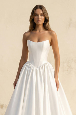 Strapless Satin A Line Wedding Dress in White - SHE IS ME Wedding Dresses