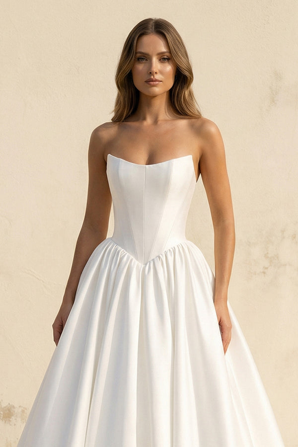 Strapless Satin A Line Wedding Dress in White - SHE IS ME Wedding Dresses