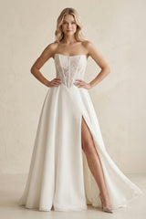Strapless Satin Appliqued A - Line Wedding Dress with Corset in Ivory - KISS BRIDAL Wedding Dresses