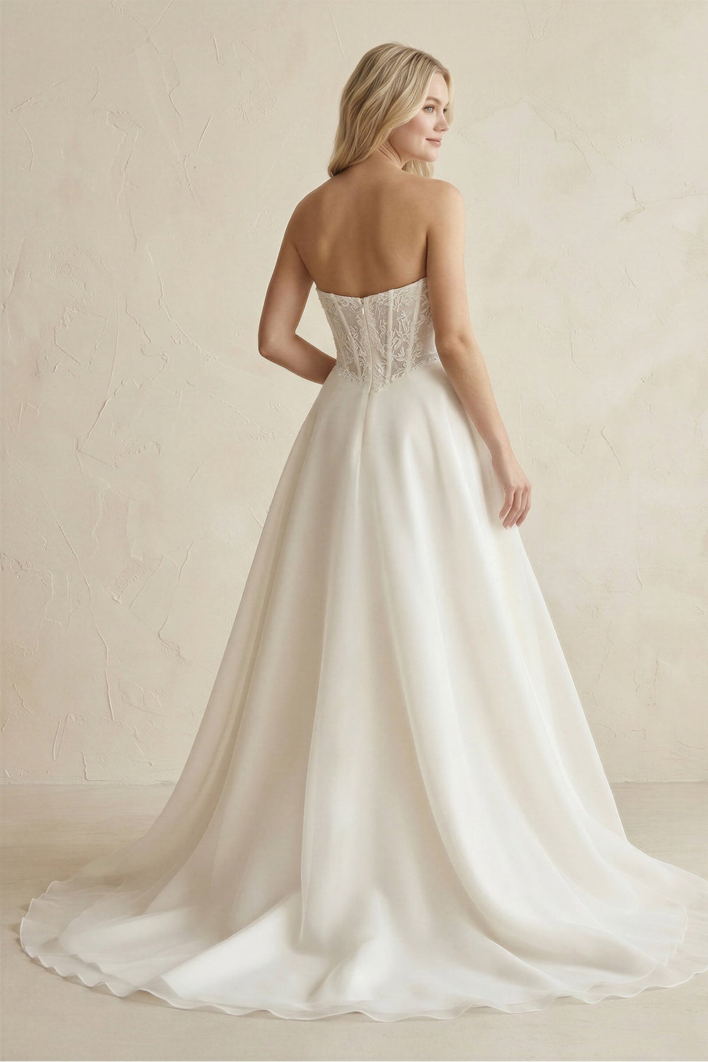 Strapless Satin Appliqued A - Line Wedding Dress with Corset in Ivory - KISS BRIDAL Wedding Dresses