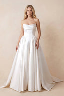 Strapless Satin Ball-Gown Corset Wedding Dress with Removable Sleeves in White