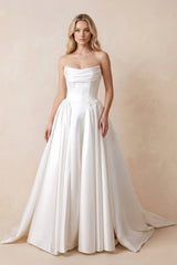 Strapless Satin Ball-Gown Corset Wedding Dress with Removable Sleeves in White