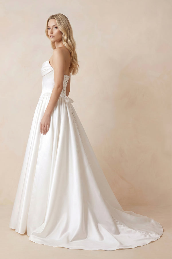 Strapless Satin Ball-Gown Corset Wedding Dress with Removable Sleeves in White