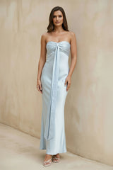 Strapless Satin Draped Maxi Dress in Sky Blue - KISSBRIDAL