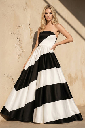 Strapless Satin Gown in Black and White - SHE IS ME