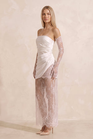 Strapless Satin Lace Ruched Mini Wedding Dress in White - KISS BRIDAL Wedding Dresses