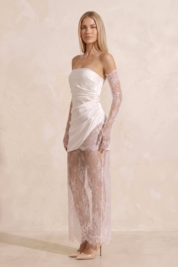 Strapless Satin Lace Ruched Mini Wedding Dress in White - KISS BRIDAL Wedding Dresses