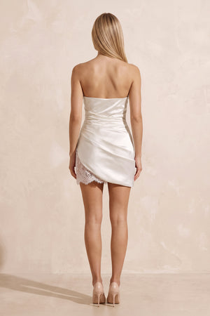 Strapless Satin Lace Ruched Mini Wedding Dress in White - KISS BRIDAL Wedding Dresses