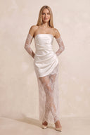 Strapless Satin Lace Ruched Mini Wedding Dress in White - KISS BRIDAL Wedding Dresses