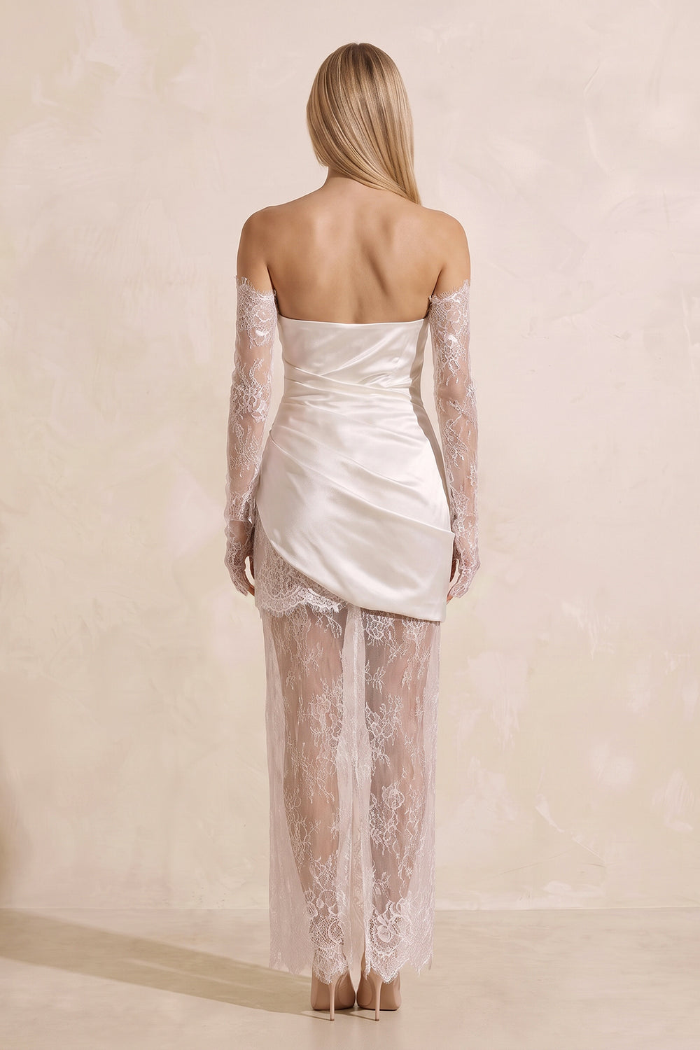 Lace Strapless Satin Ruched Mini Wedding Dress in White