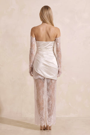 Strapless Satin Lace Ruched Mini Wedding Dress in White - KISS BRIDAL Wedding Dresses