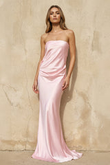 Strapless Satin Maxi Dress in Pink - KISS BRIDAL