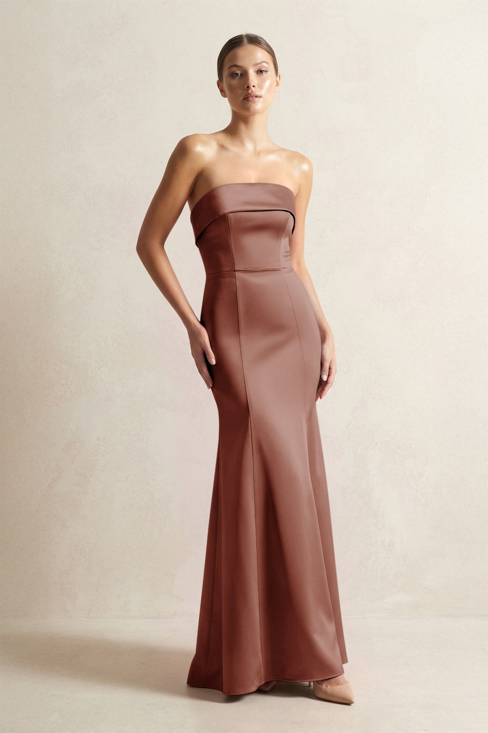 Strapless Satin Mermaid Bridesmaid Dress in Brown - KISS BRIDAL Bridesmaid Dresses