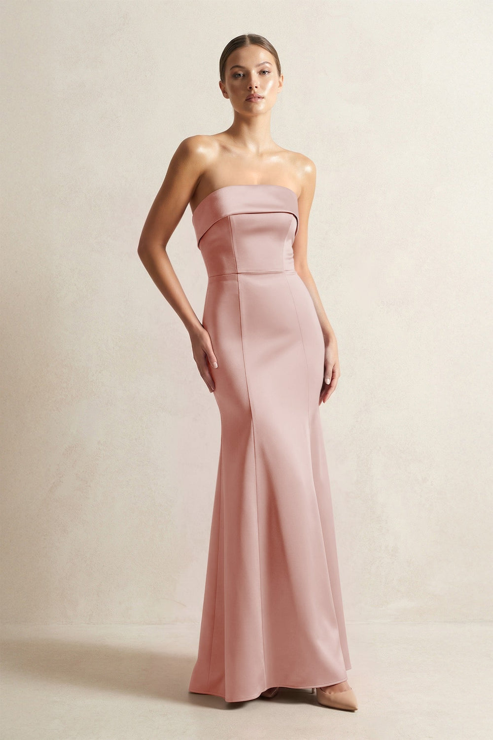 Strapless Satin Mermaid Bridesmaid Dress in Champagne Rose - KISS BRIDAL Bridesmaid Dresses
