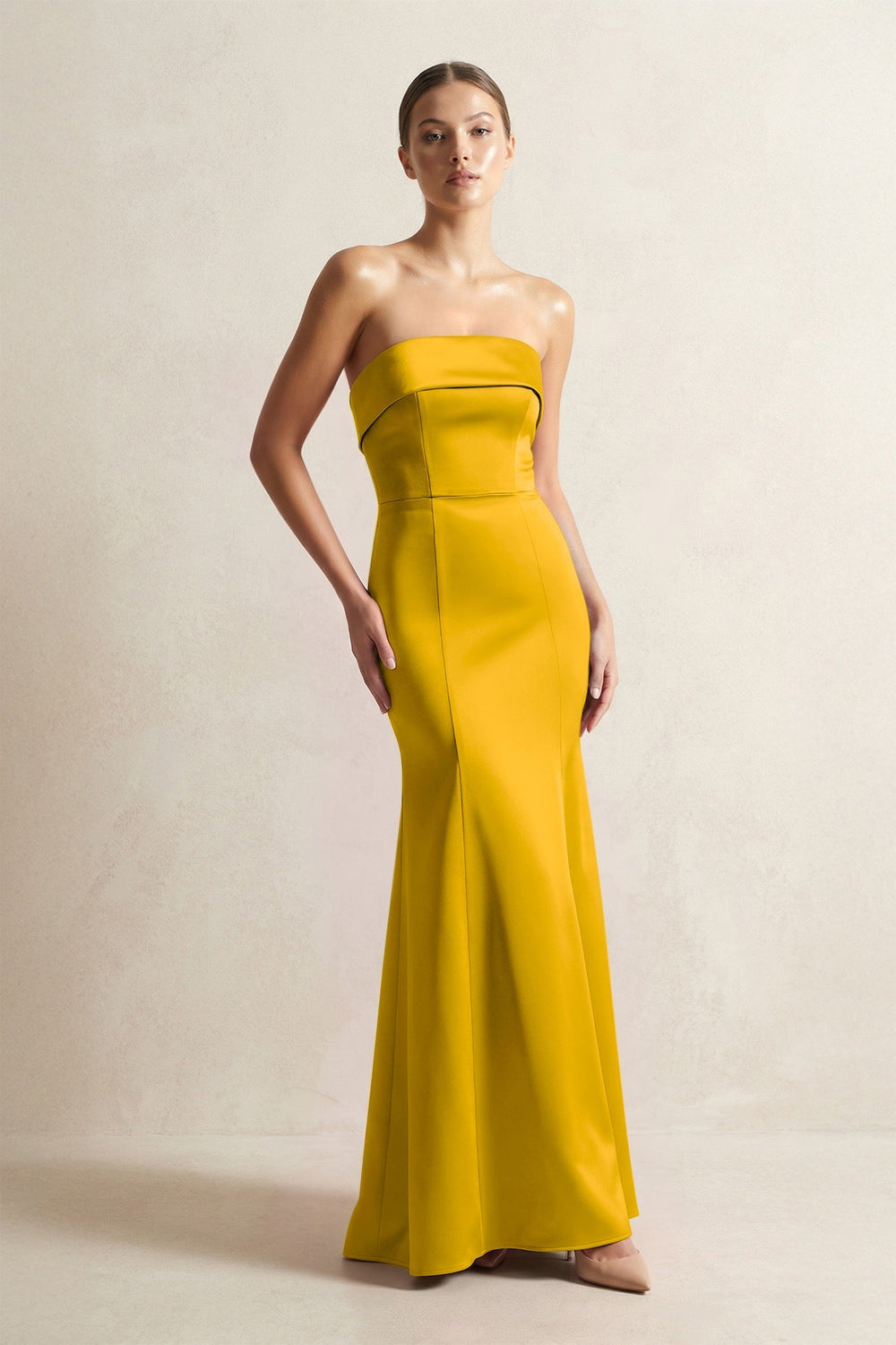 Strapless Satin Mermaid Bridesmaid Dress in Marigold - KISS BRIDAL Bridesmaid Dresses