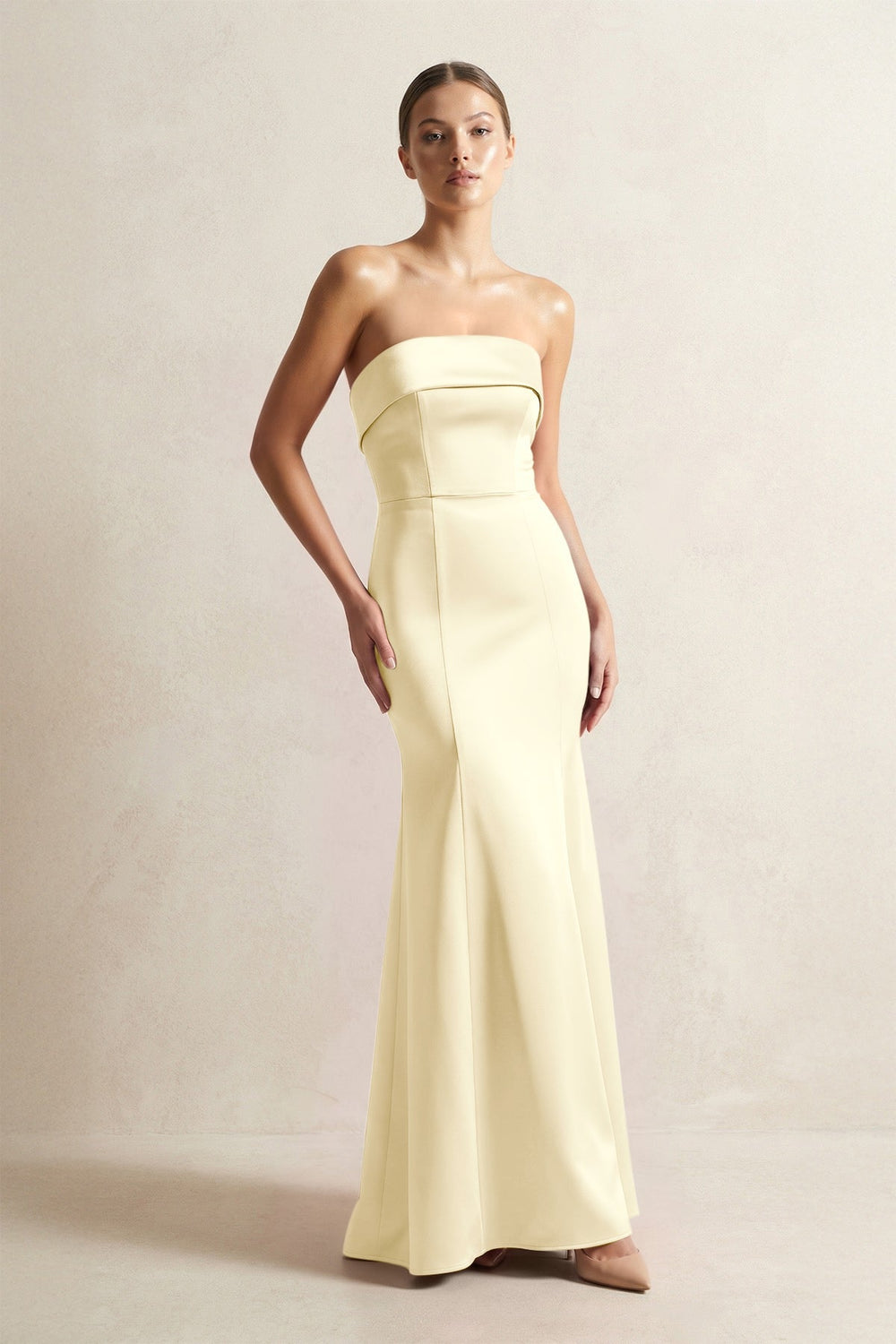 Strapless Satin Mermaid Bridesmaid Dress in Pastel Yellow - KISS BRIDAL Bridesmaid Dresses