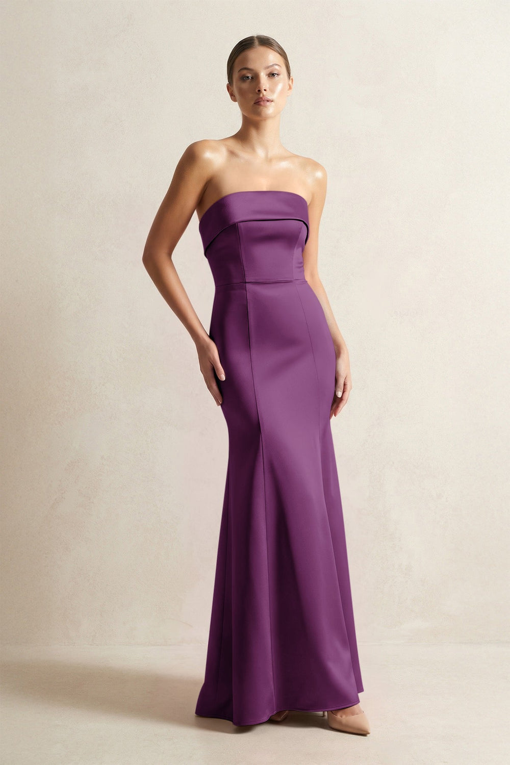 Strapless Satin Mermaid Bridesmaid Dress in Plum - SHE IS ME Bridesmaid Dresses