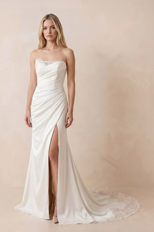 Strapless Satin Mermaid Ruched Wedding Dress With Slit in White