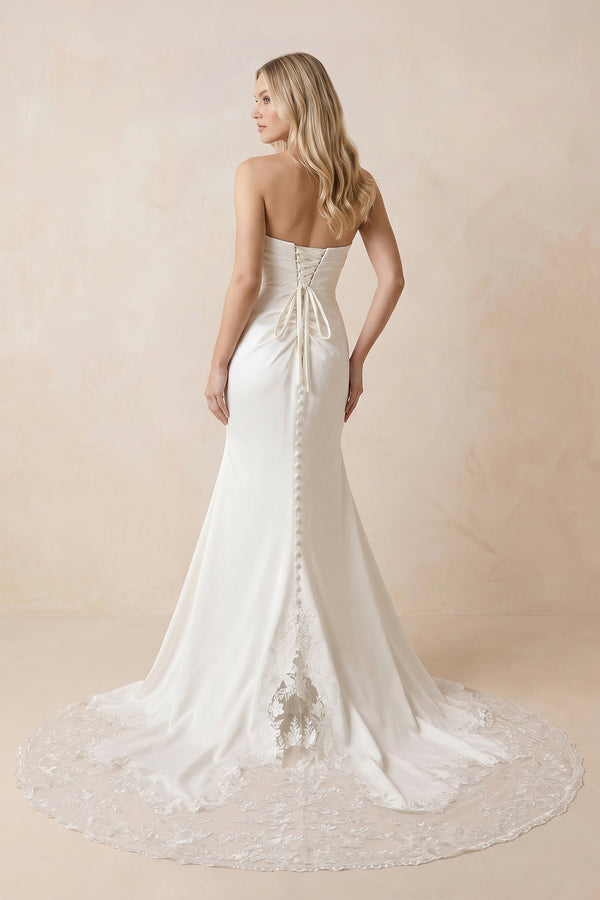 Strapless Satin Mermaid Ruched Wedding Dress With Slit in White