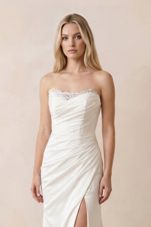 Strapless Satin Mermaid Ruched Wedding Dress With Slit in White