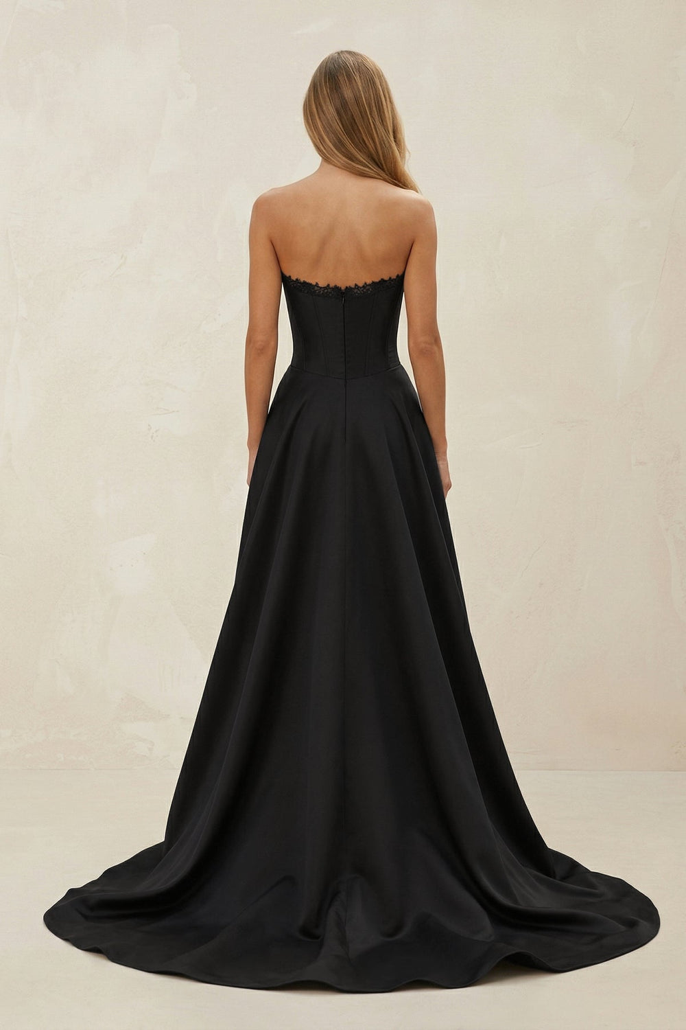 Strapless Satin Ruched A - Line Wedding Dress with Slit in Black - KISS BRIDAL Wedding Dresses