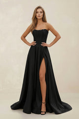 Strapless Satin Ruched A - Line Wedding Dress with Slit in Black - KISS BRIDAL Wedding Dresses