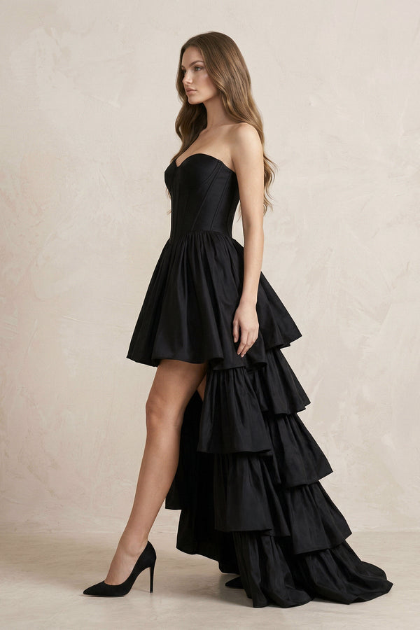 Strapless Satin Sweetheart High - Low A - Line Wedding Dress With Ruffles in Black - SHE IS ME Wedding Dresses