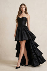 Strapless Satin Sweetheart High - Low A - Line Wedding Dress With Ruffles in Black - KISS BRIDAL Wedding Dresses