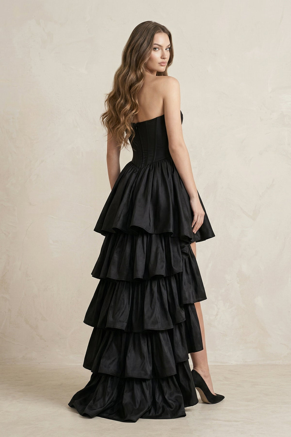Strapless Satin Sweetheart High - Low A - Line Wedding Dress With Ruffles in Black - KISS BRIDAL Wedding Dresses