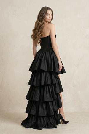 Strapless Satin Sweetheart High - Low A - Line Wedding Dress With Ruffles in Black - SHE IS ME Wedding Dresses