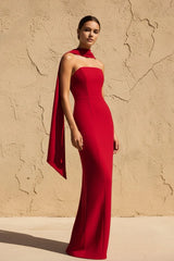 Strapless Scarf - Draped Maxi Dress in Red - KISS BRIDAL