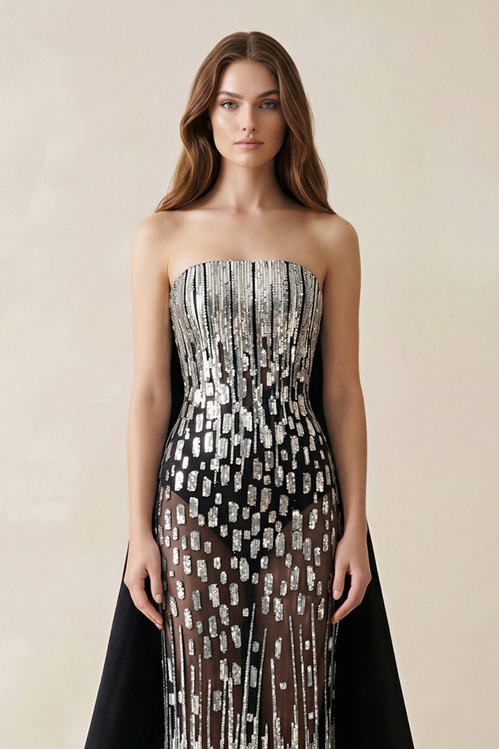 Strapless Sequins Sheath Wedding Dress With Train in Black - KISS BRIDAL Wedding Dresses