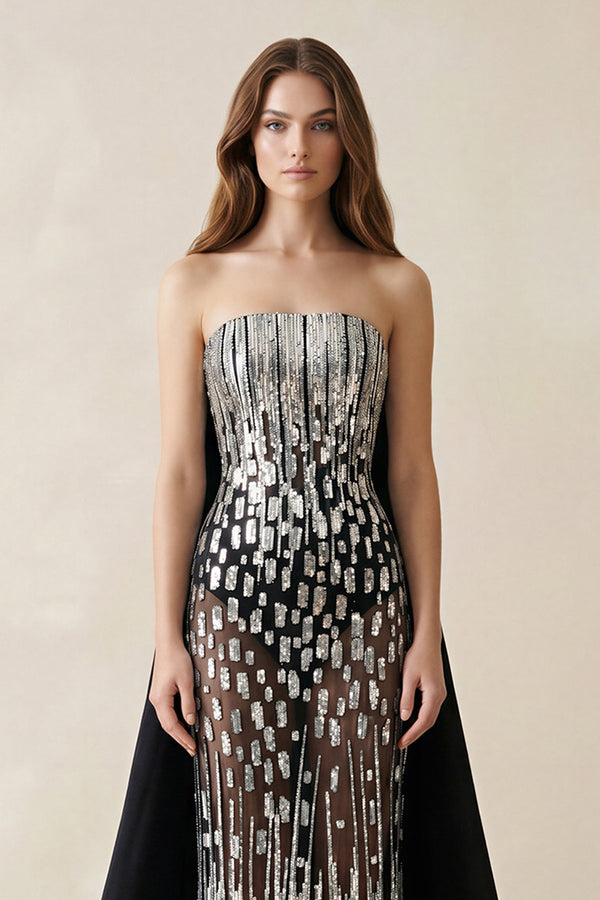 Strapless Sequins Sheath Wedding Dress With Train in Black - SHE IS ME Wedding Dresses
