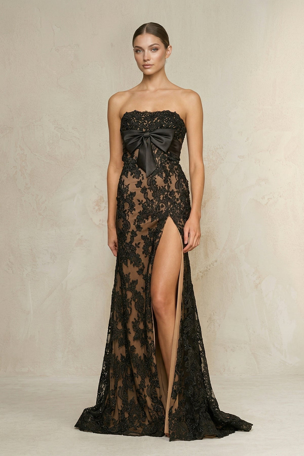 Strapless Sheath Lace Wedding Dress With Slit in Black - KISS BRIDAL Wedding Dresses